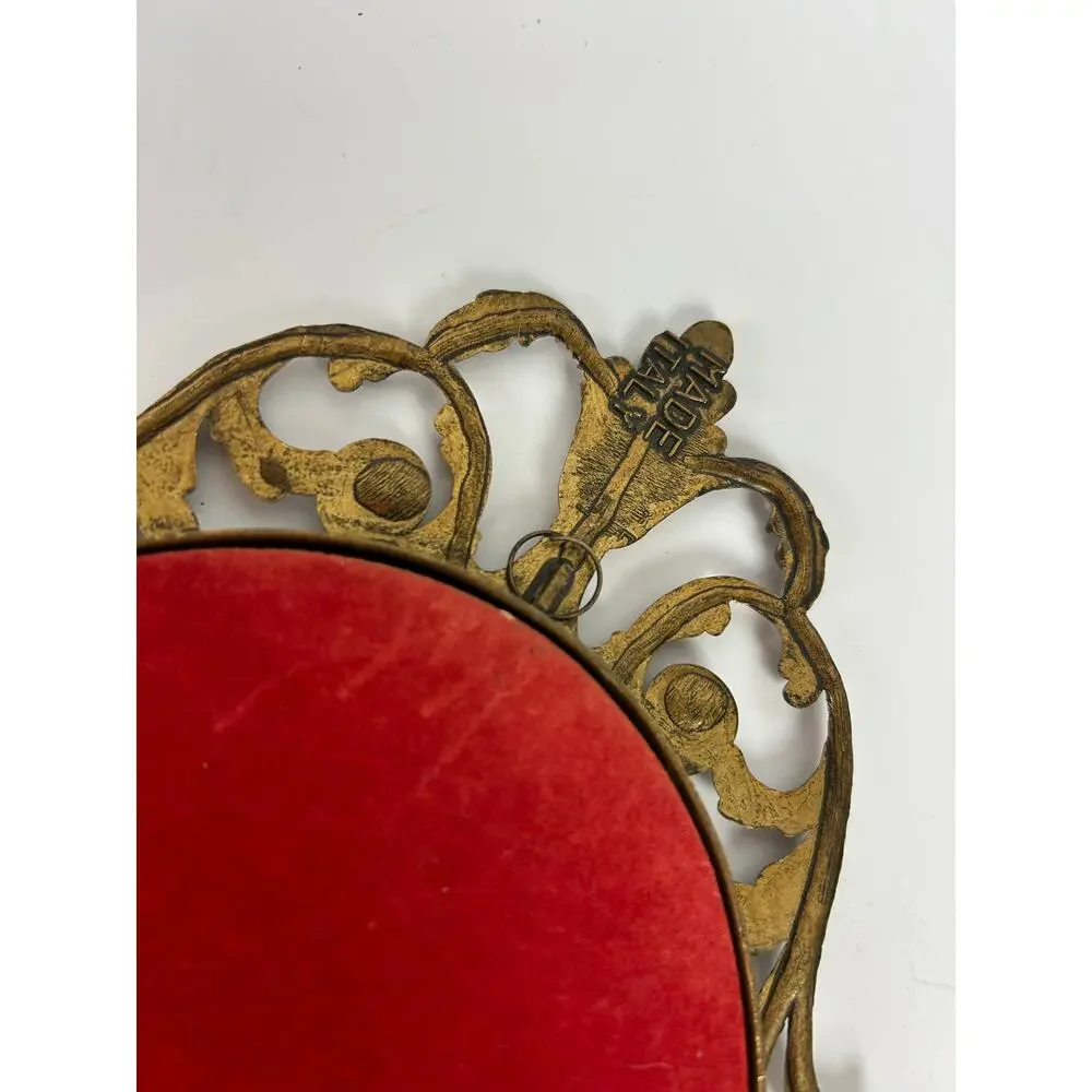 Vintage Ornate Brass Oval Frame Floral Art Made in Italy Set of 2 Convex Glass